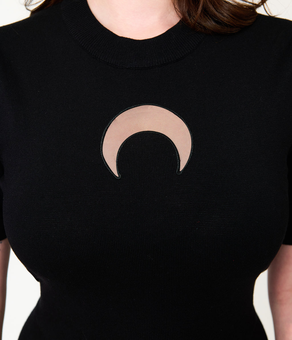 Unique Vintage Black Crescent Moon Cutout Flare Dress