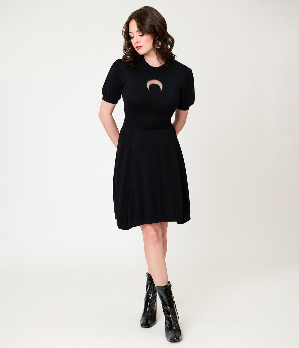 Unique Vintage Black Crescent Moon Cutout Flare Dress