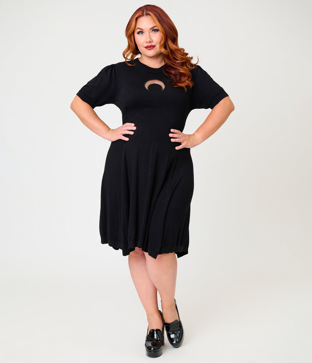 Unique Vintage Plus Size Black Crescent Moon Cutout Flare Dress