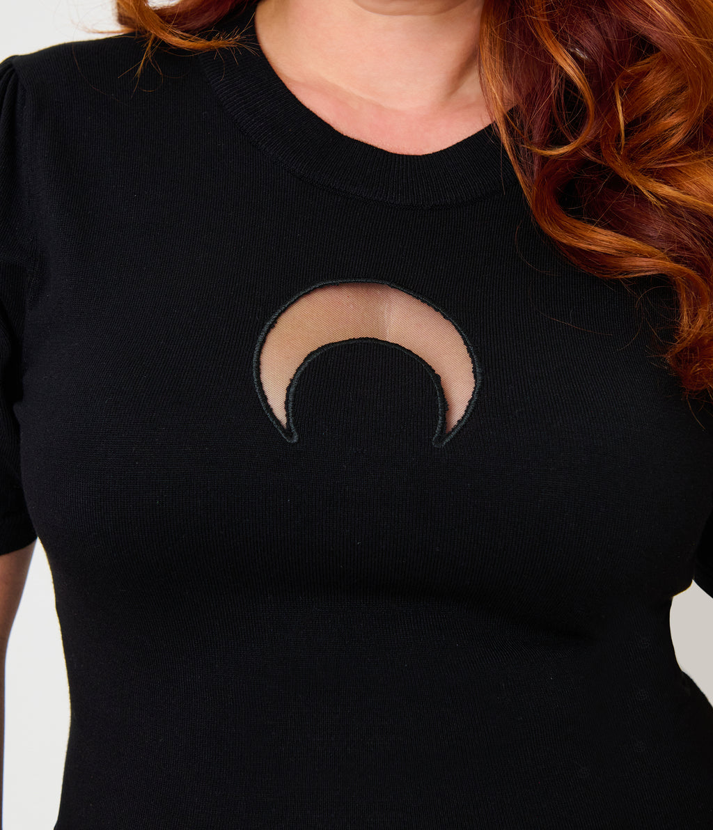 Unique Vintage Plus Size Black Crescent Moon Cutout Flare Dress