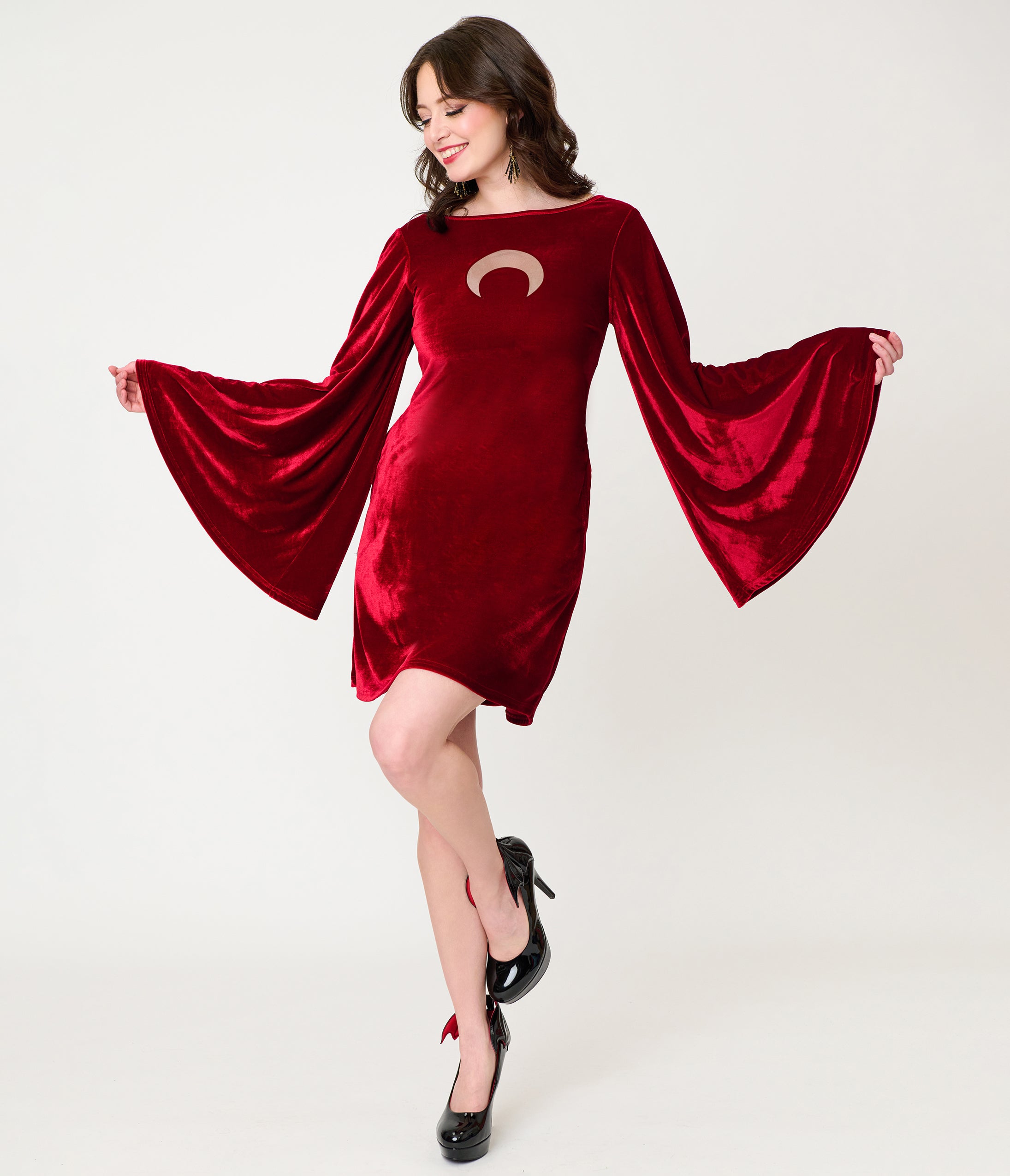 Smak Parlour Burgundy Velvet Moon Cutout Downtown Scene Mini Dress – Unique Vintage