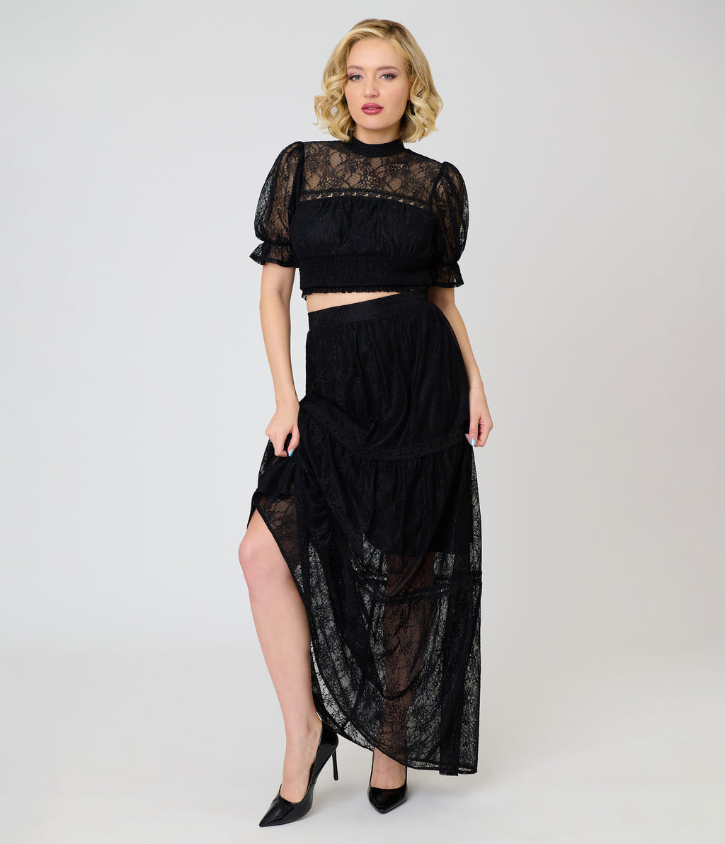 Unique Vintage Black Lace Tiered Maxi Skirt