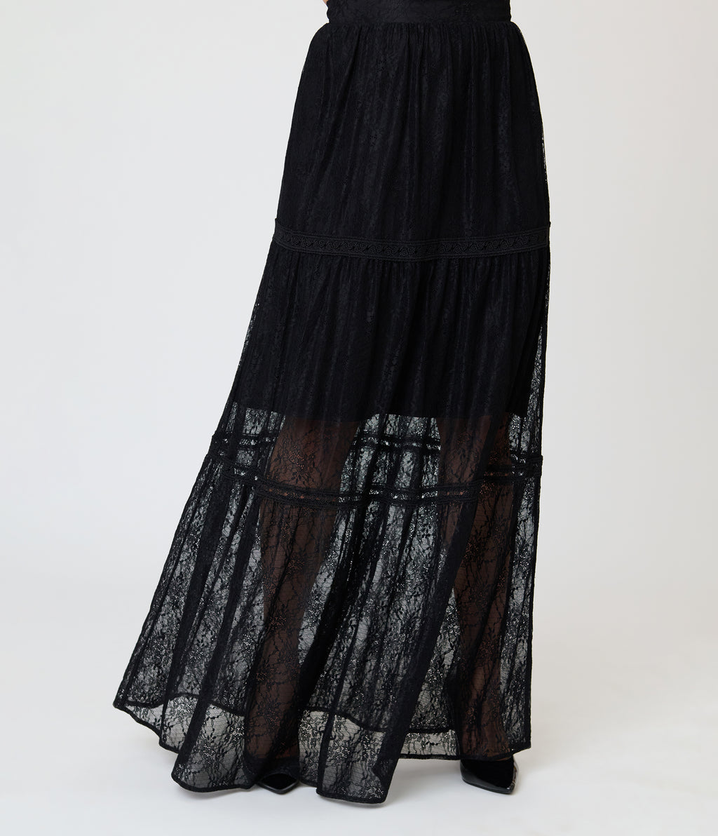 Unique Vintage Black Lace Tiered Maxi Skirt