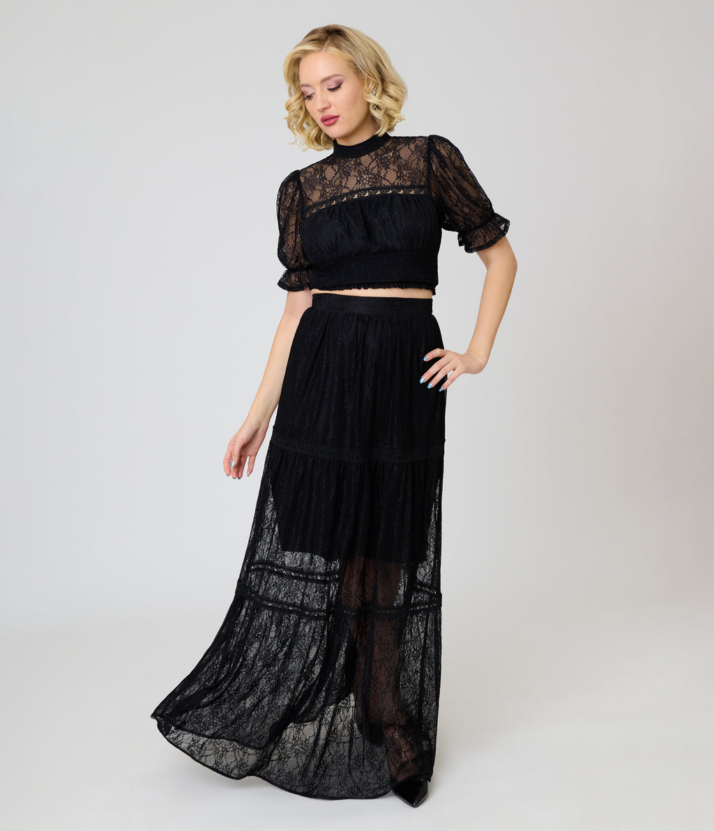 Unique Vintage Black Lace Tiered Maxi Skirt