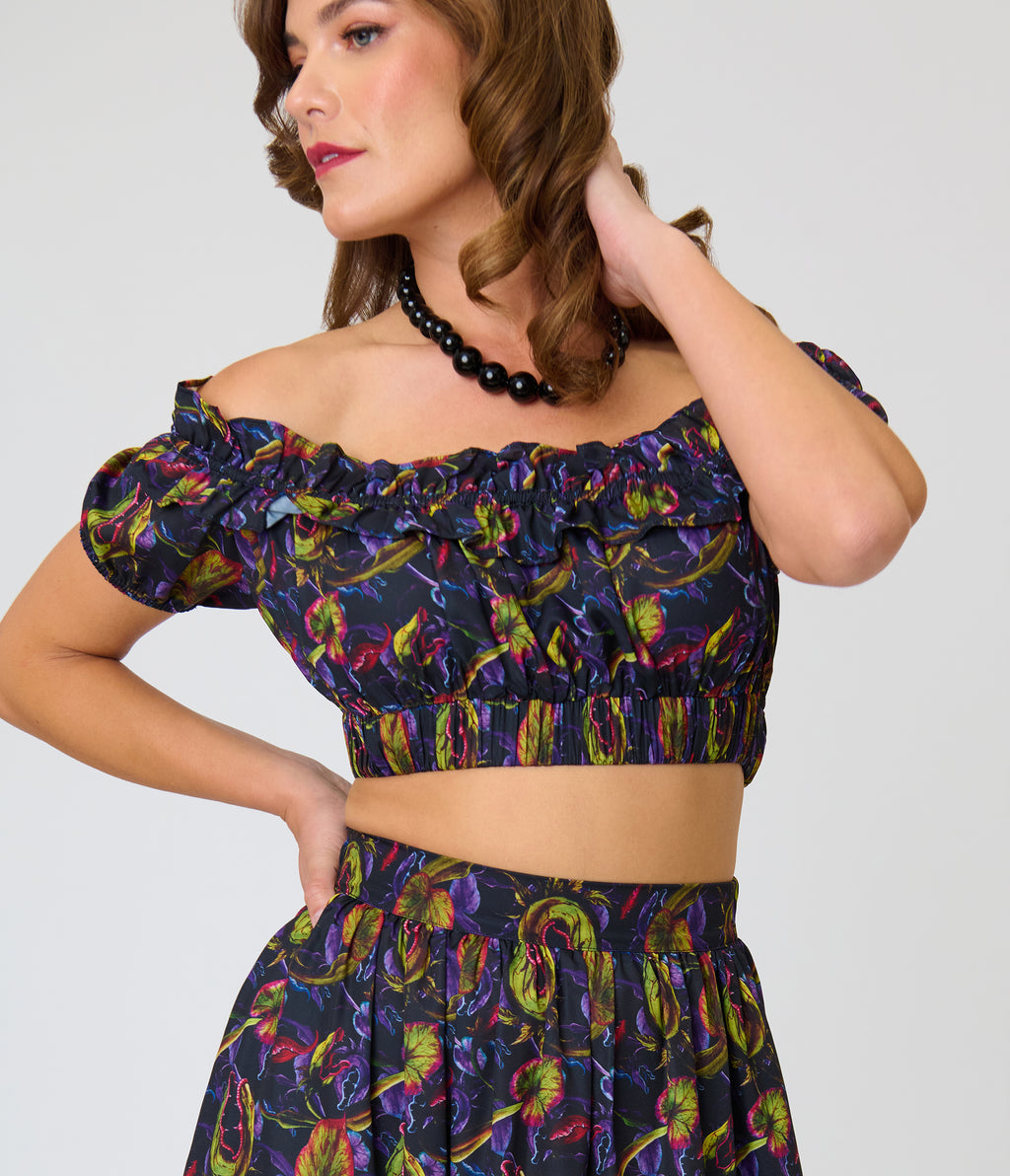 Unique Vintage Carnivorous Plants Tiered Midi Skirt