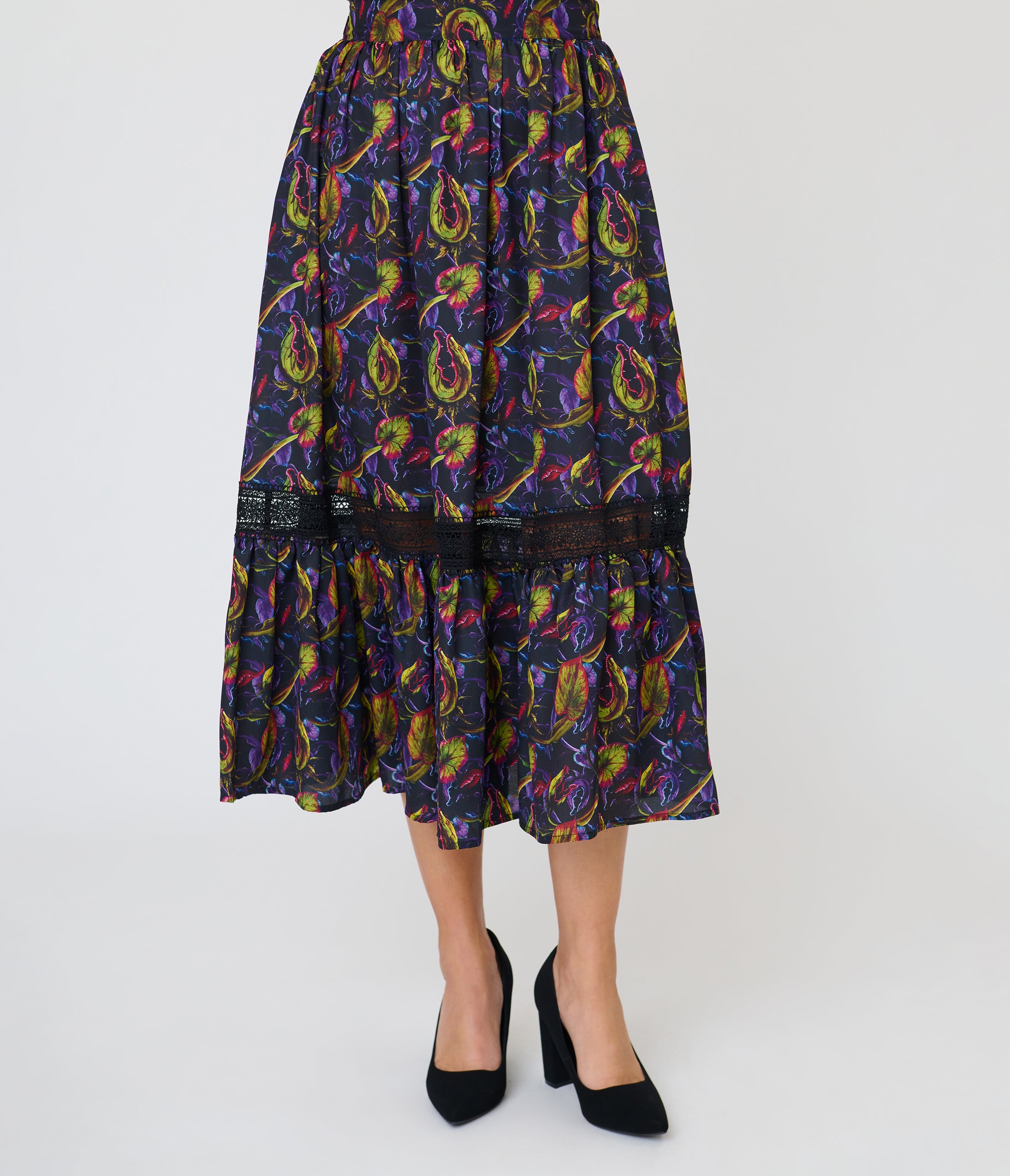 Unique Vintage Carnivorous Plants Tiered Midi Skirt