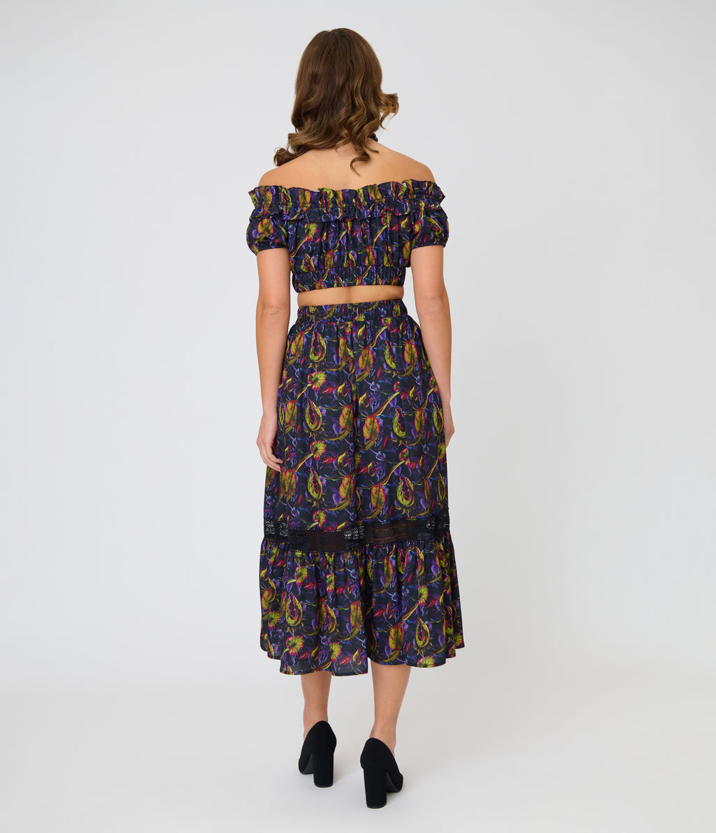 Unique Vintage Carnivorous Plants Tiered Midi Skirt