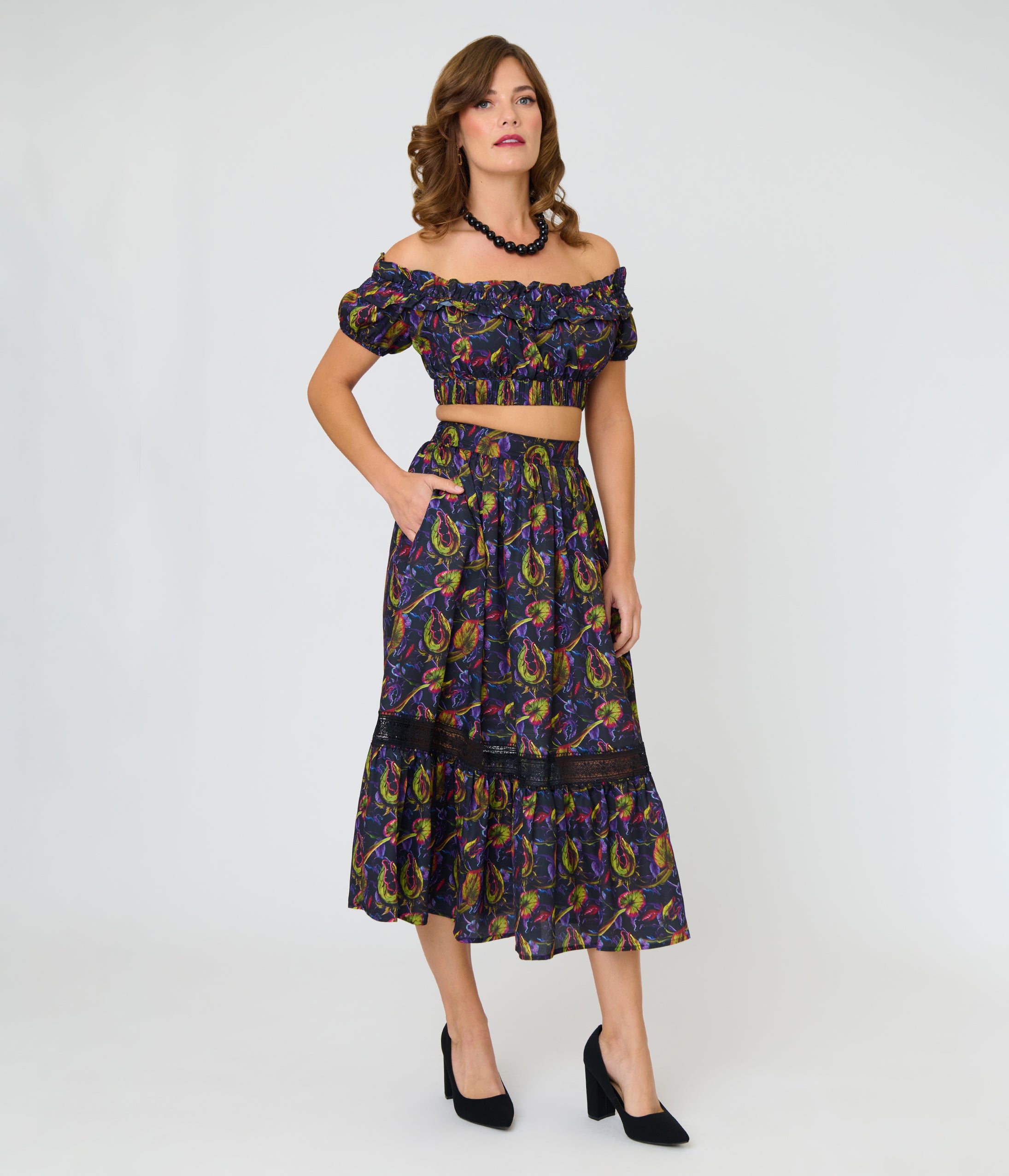 Unique Vintage Carnivorous Plants Tiered Midi Skirt