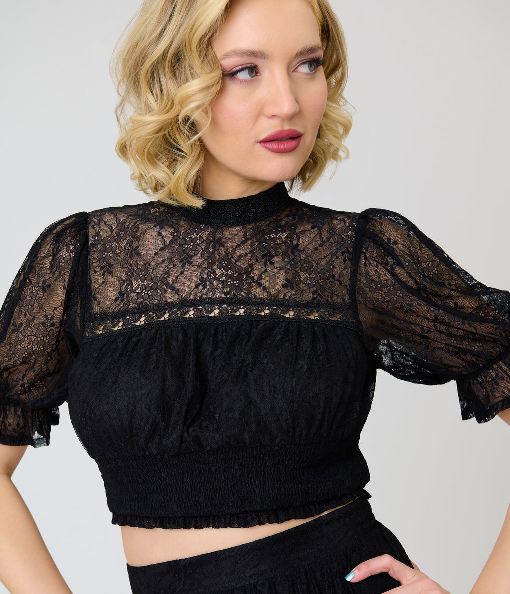 Unique Vintage Black Lace Smocked Blouse