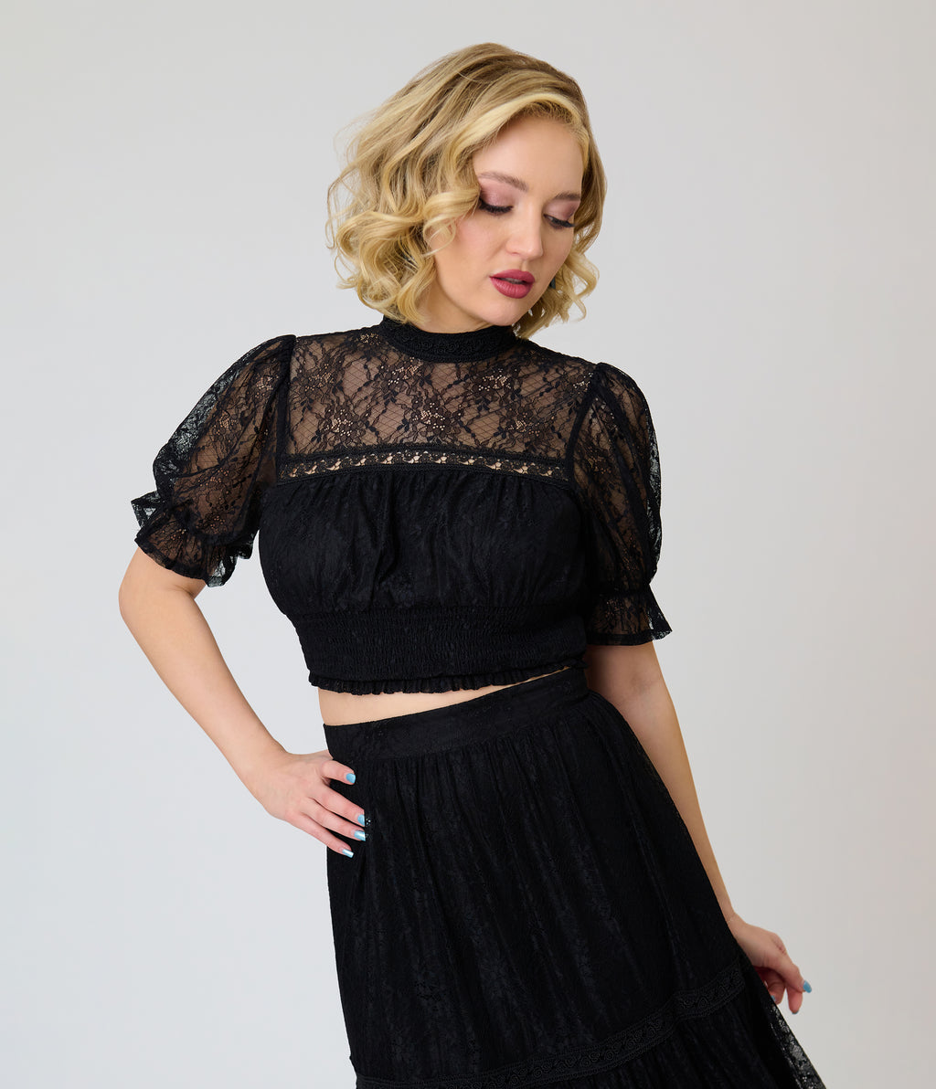Unique Vintage Black Lace Smocked Blouse