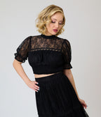 Unique Vintage Black Lace Smocked Blouse