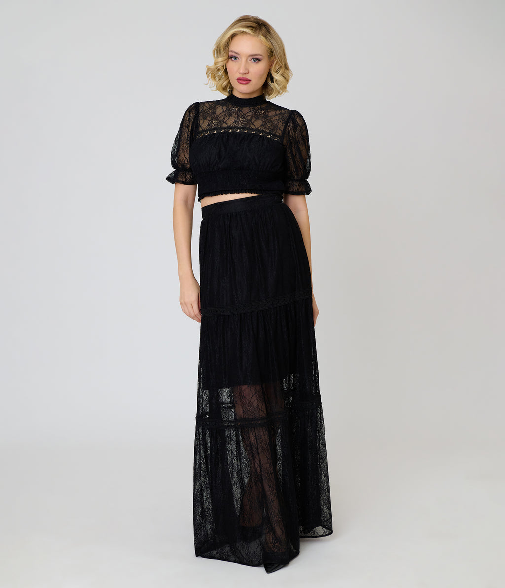Unique Vintage Black Lace Smocked Blouse