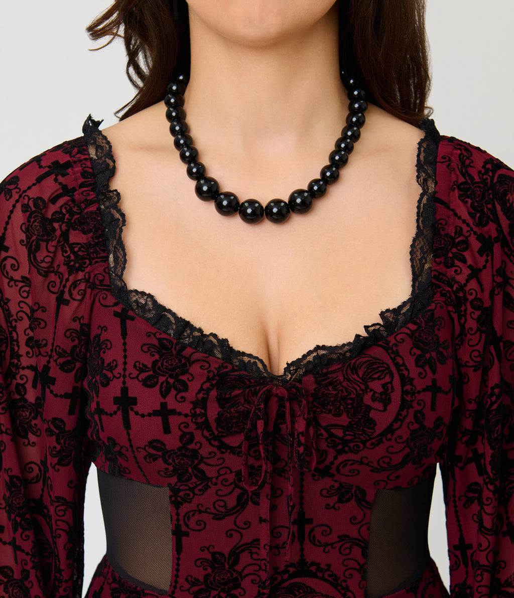 Unique Vintage Burgundy Flocked Godet Maxi Dress