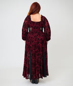Unique Vintage Plus Size Burgundy Flocked Godet Maxi Dress