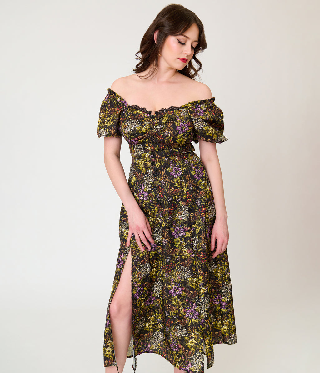 Unique Vintage Dark Magic Floral Midi Dress