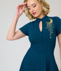 Unique Vintage Teal Celestial Embroidered Baltimore Swing Dress