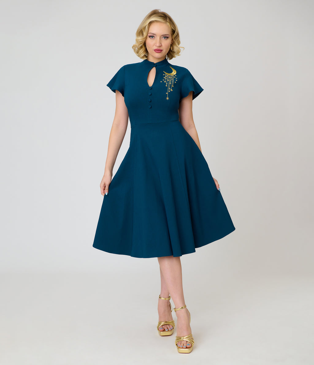 Unique Vintage Teal Celestial Embroidered Baltimore Swing Dress