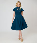Unique Vintage Teal Celestial Embroidered Baltimore Swing Dress