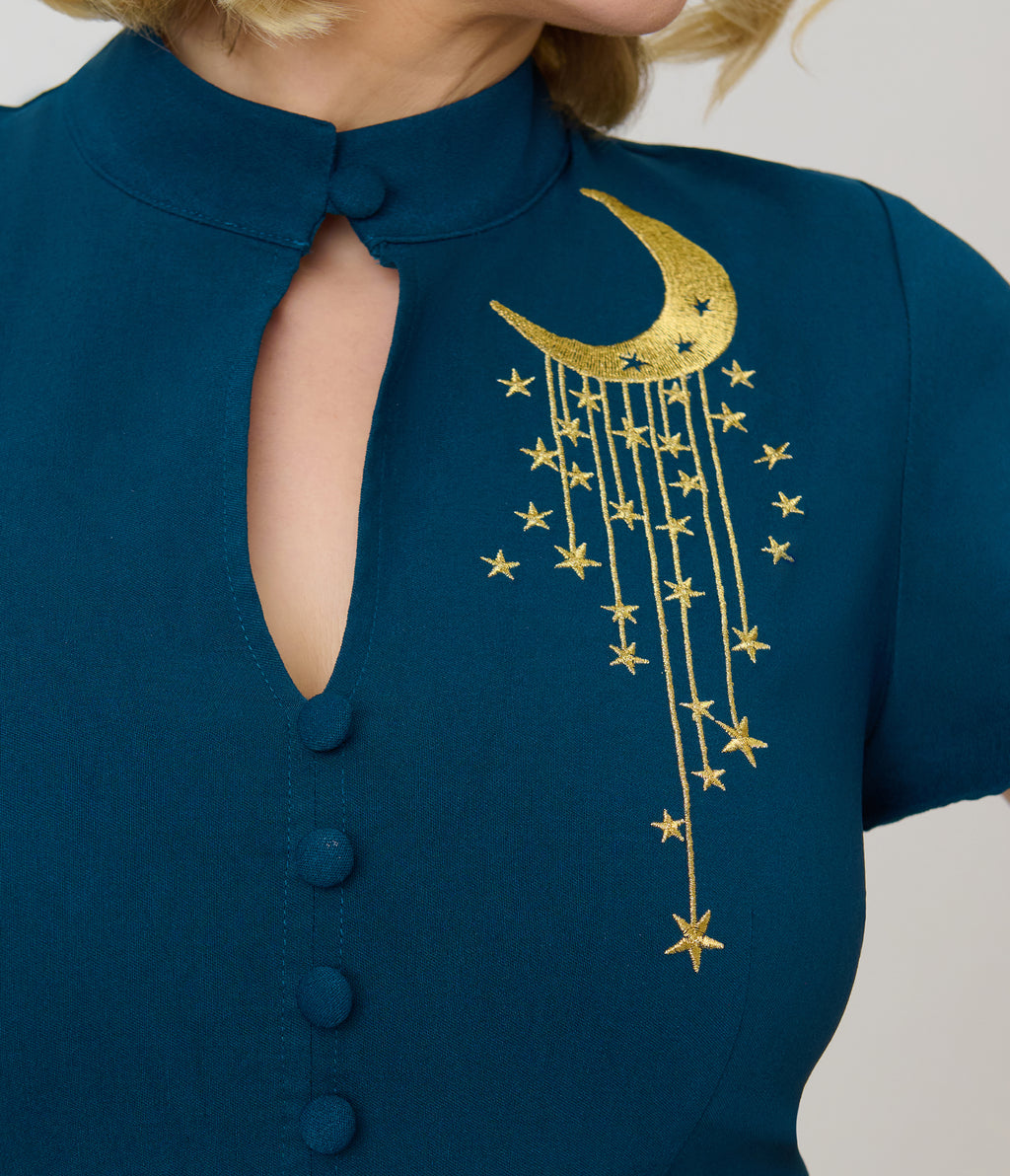 Unique Vintage Teal Celestial Embroidered Baltimore Swing Dress