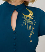 Unique Vintage Teal Celestial Embroidered Baltimore Swing Dress