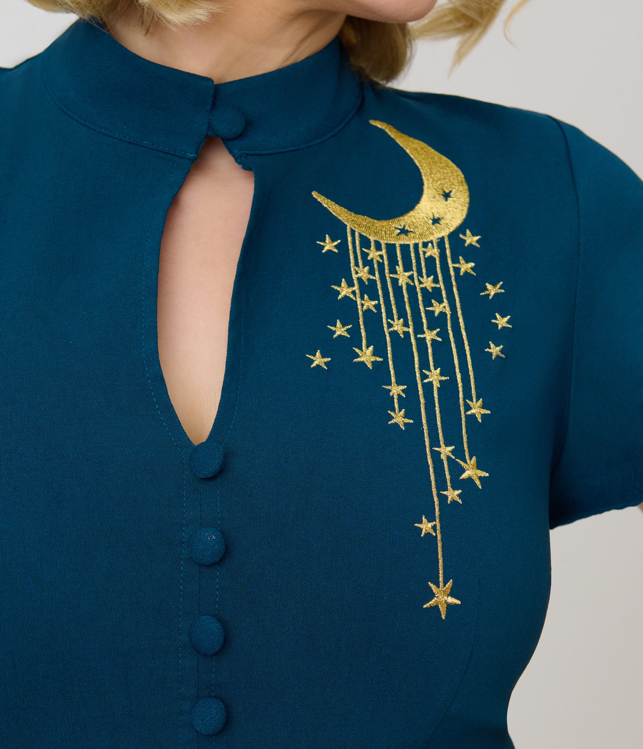Unique Vintage Teal Celestial Embroidered Baltimore Swing Dress