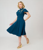 Unique Vintage Teal Celestial Embroidered Baltimore Swing Dress