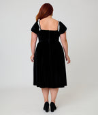 Unique Vintage Plus Size Black Velvet Sweetheart Puff Sleeve Swing Dress
