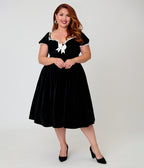 Unique Vintage Plus Size Black Velvet Sweetheart Puff Sleeve Swing Dress