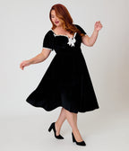 Unique Vintage Plus Size Black Velvet Sweetheart Puff Sleeve Swing Dress