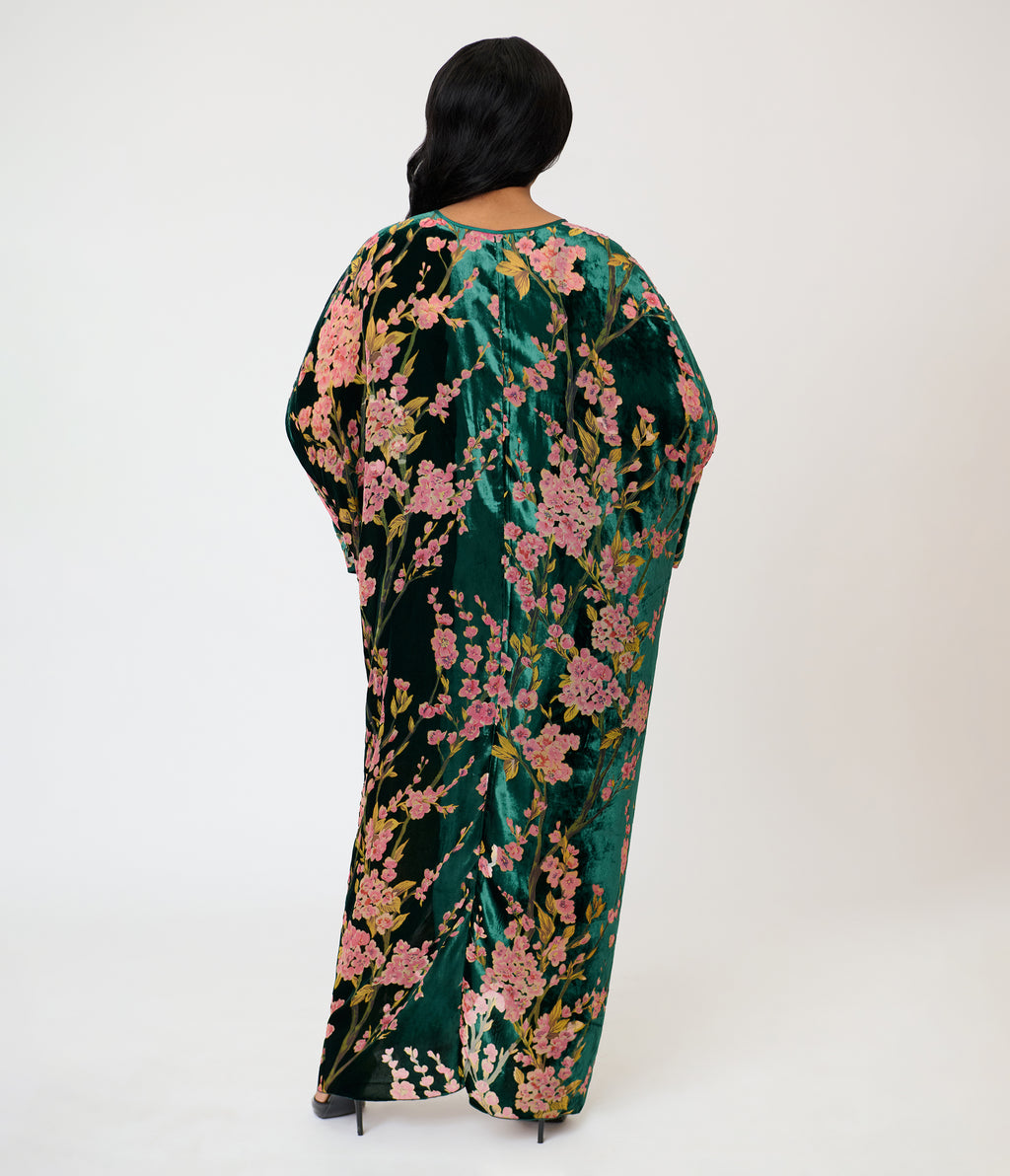 Unique Vintage Green Floral Embossed Velvet Long Kimono