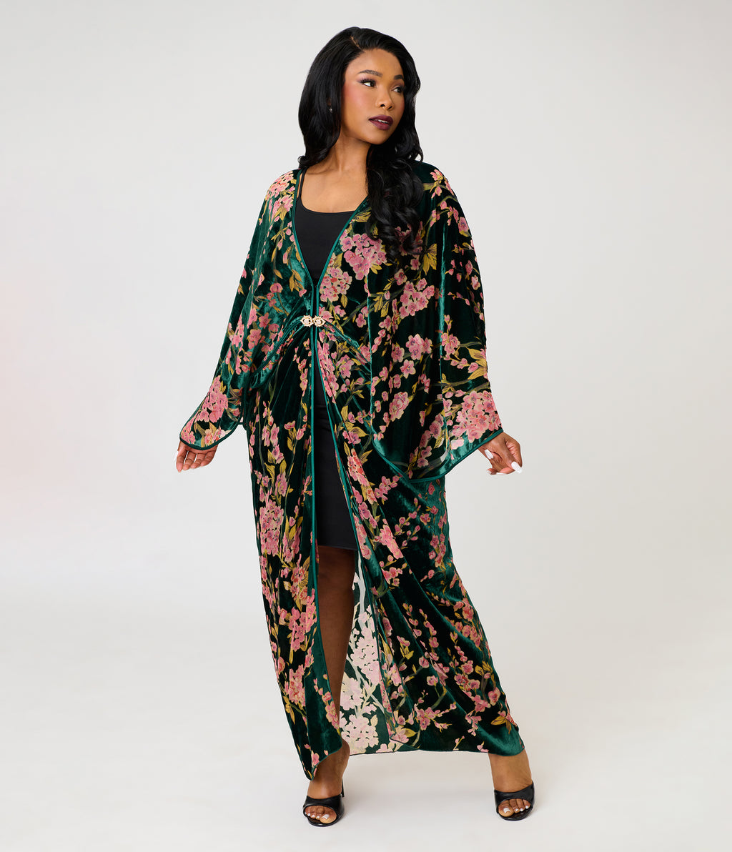 Unique Vintage Green Floral Embossed Velvet Long Kimono