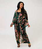 Unique Vintage Green Floral Embossed Velvet Long Kimono