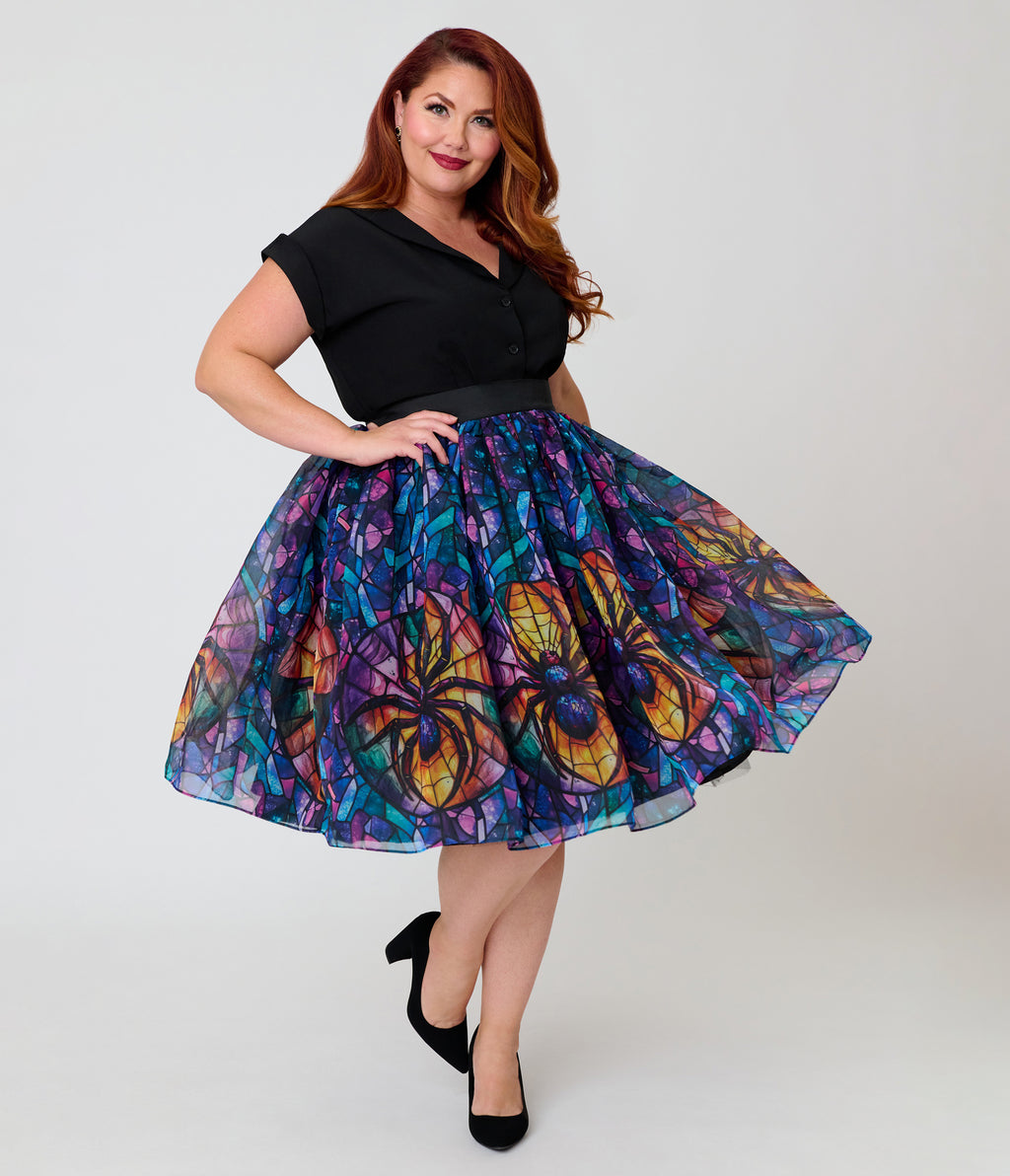 Unique Vintage Plus Size Stained Glass Spider Flare Ballerina Skirt