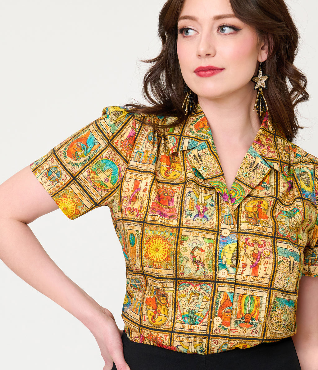 Unique Vintage Tarot Print Notched Collar Blouse