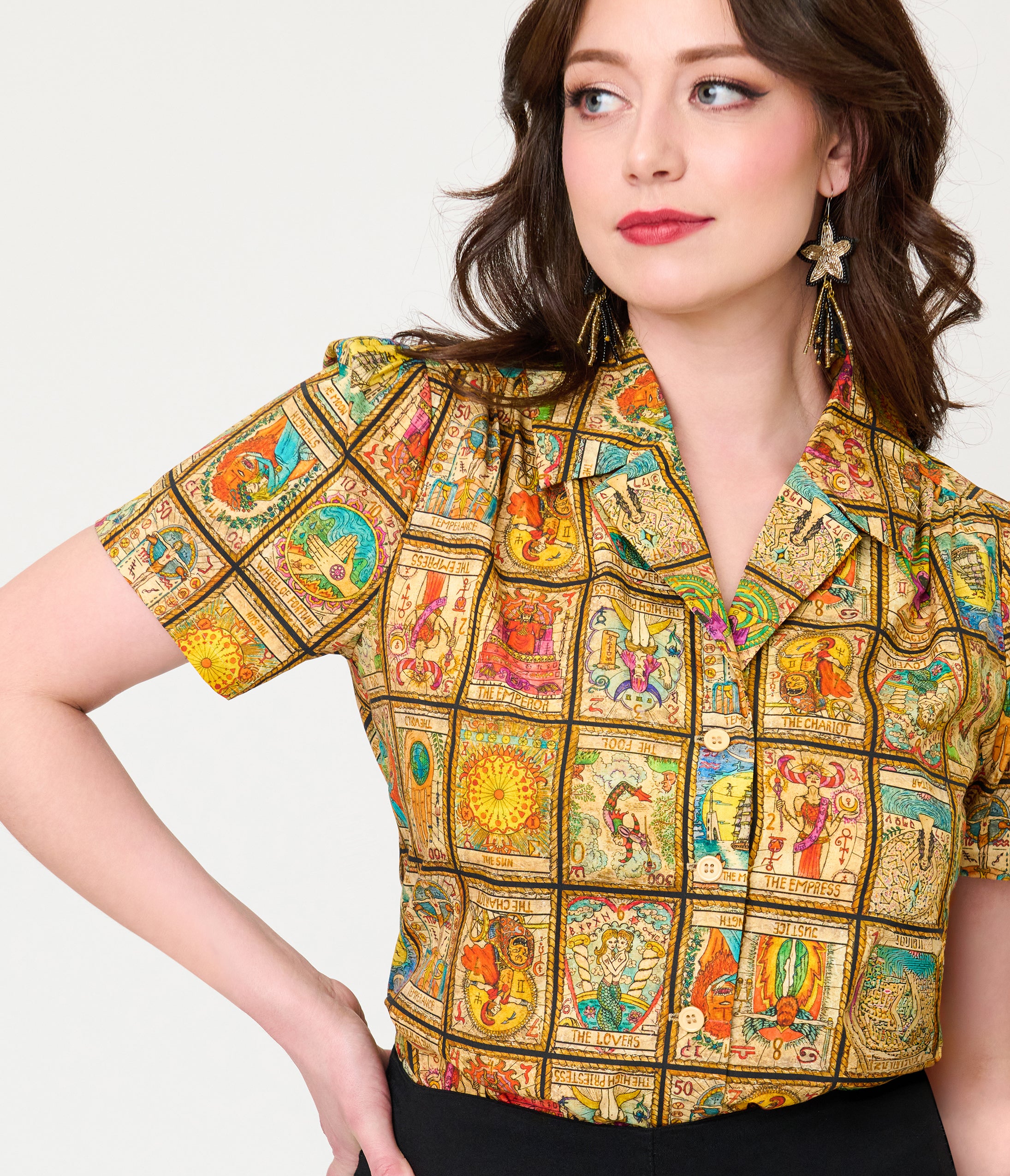 Unique Vintage Tarot Print Notched Collar Blouse