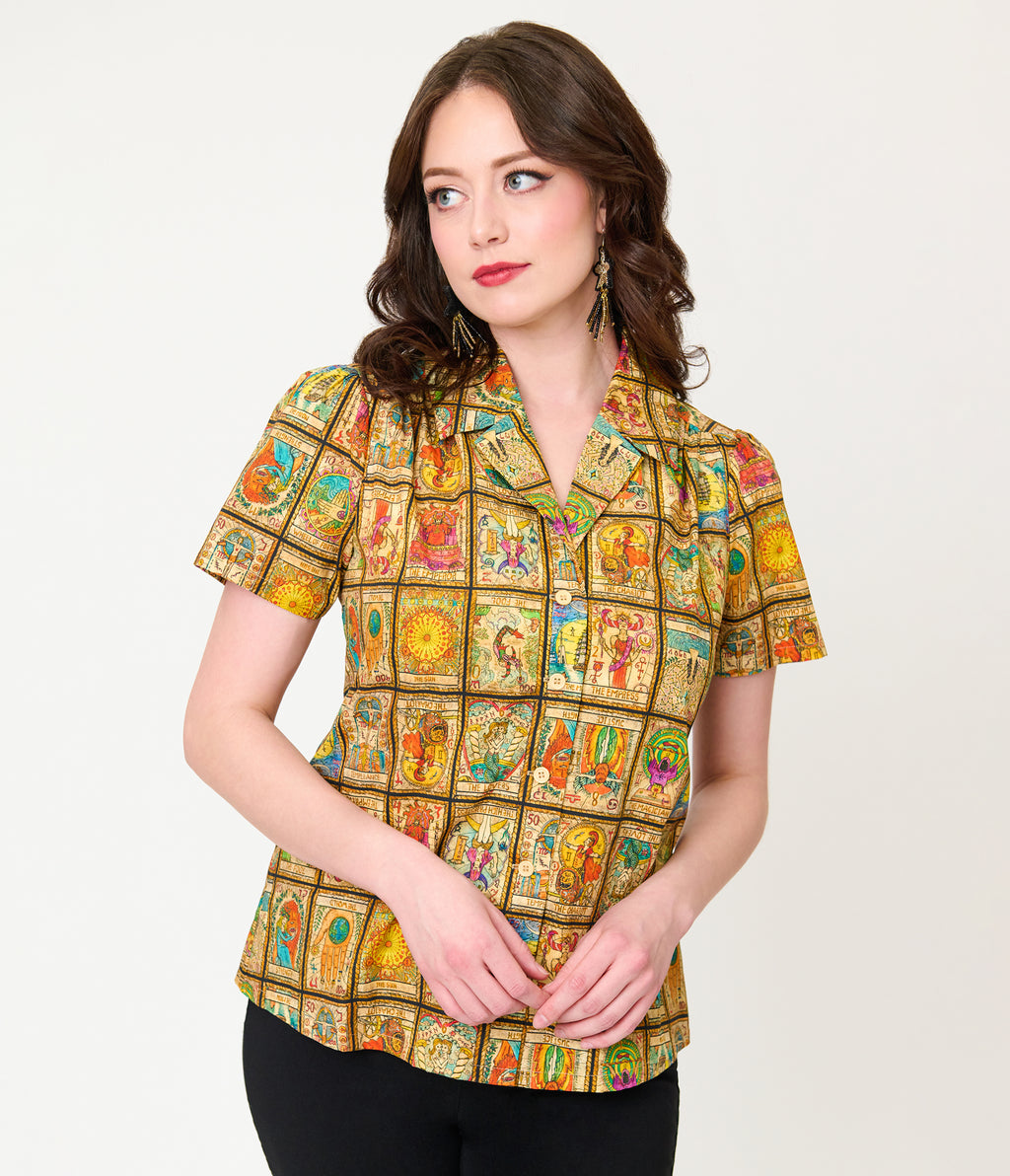 Unique Vintage Tarot Print Notched Collar Blouse