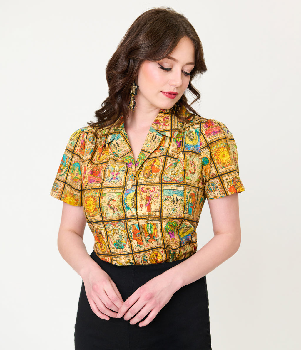 Unique Vintage Tarot Print Notched Collar Blouse