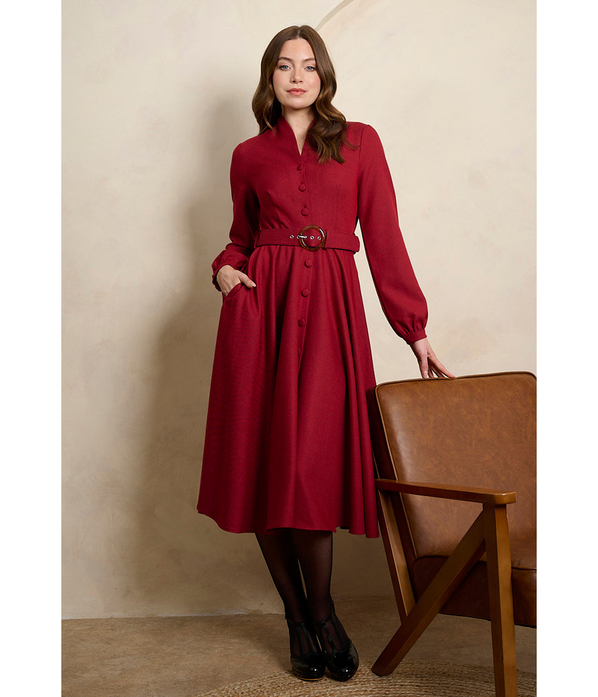 Banned Burgundy Belted Tiziana Midi Dress