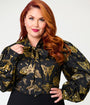 Unique Vintage Plus Size Black & Gold Moth Neck Tie Gwen Blouse