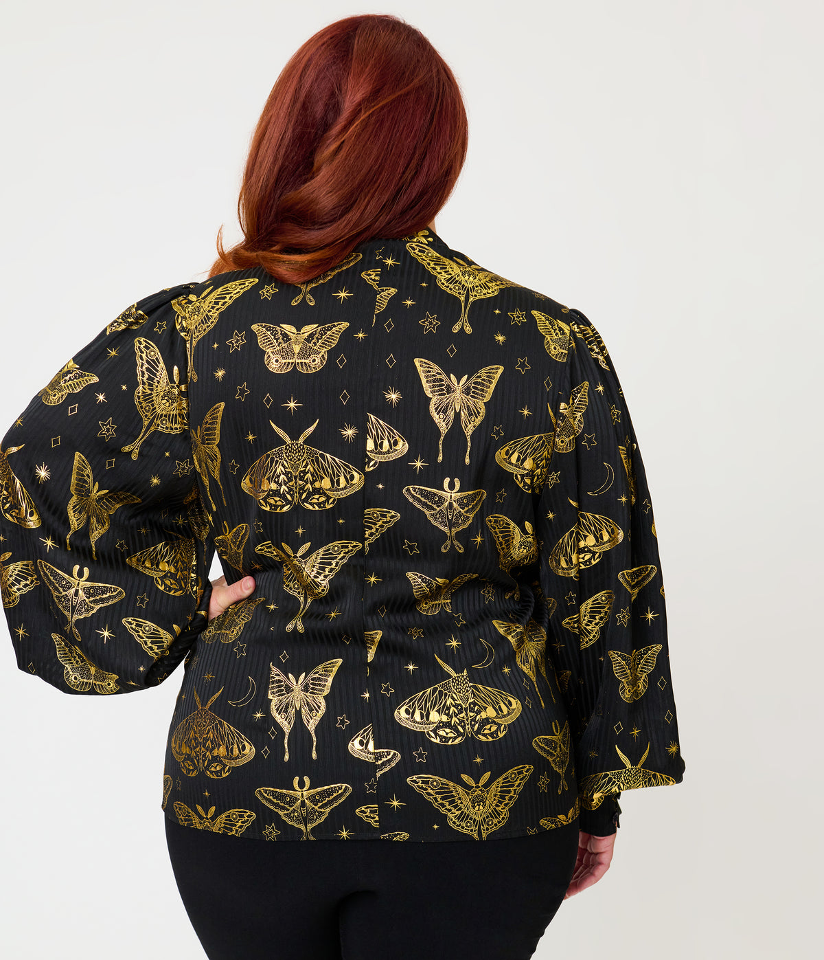 Unique Vintage Plus Size Black & Gold Moth Neck Tie Gwen Blouse