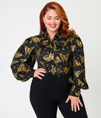 Unique Vintage Plus Size Black & Gold Moth Neck Tie Gwen Blouse