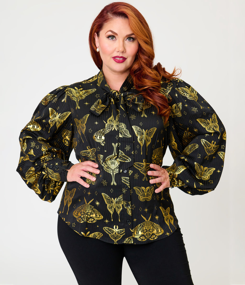 Unique Vintage Plus Size Black & Gold Moth Neck Tie Gwen Blouse
