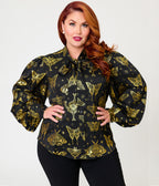 Unique Vintage Plus Size Black & Gold Moth Neck Tie Gwen Blouse
