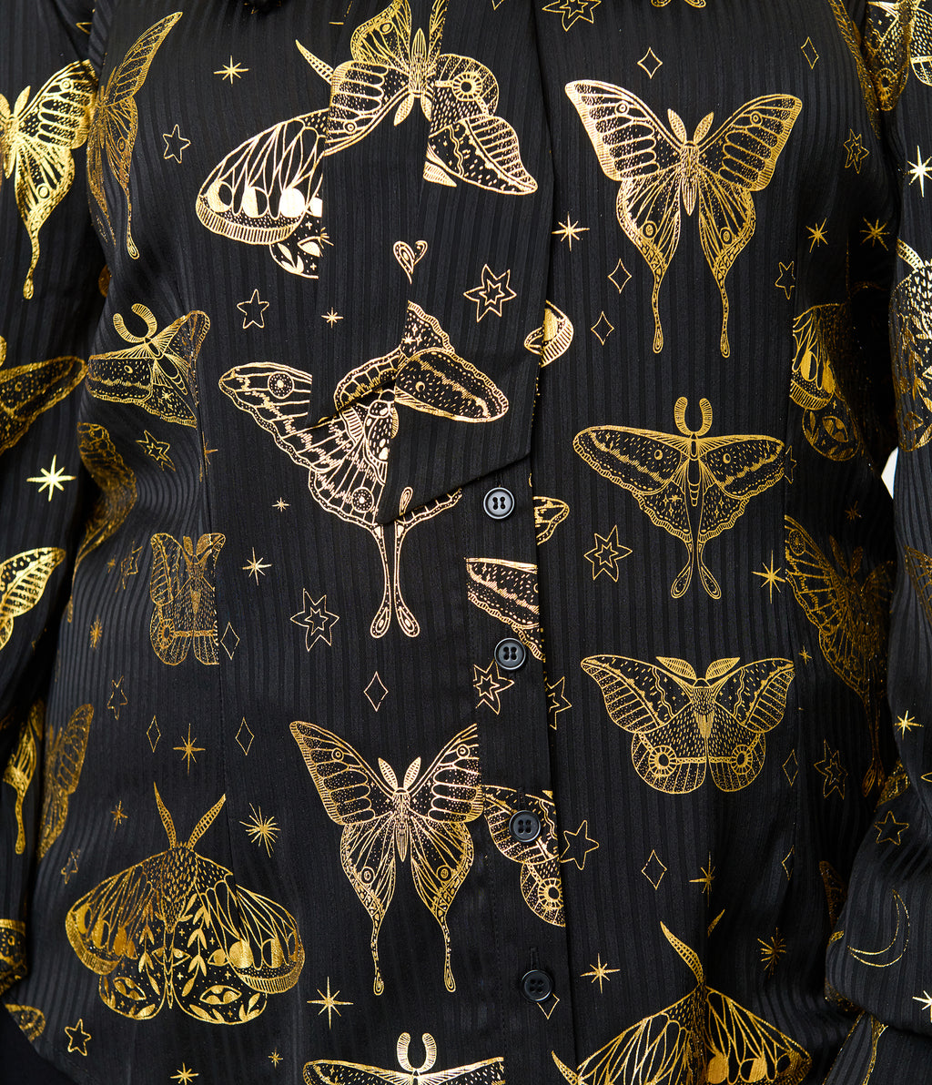 Unique Vintage Plus Size Black & Gold Moth Neck Tie Gwen Blouse