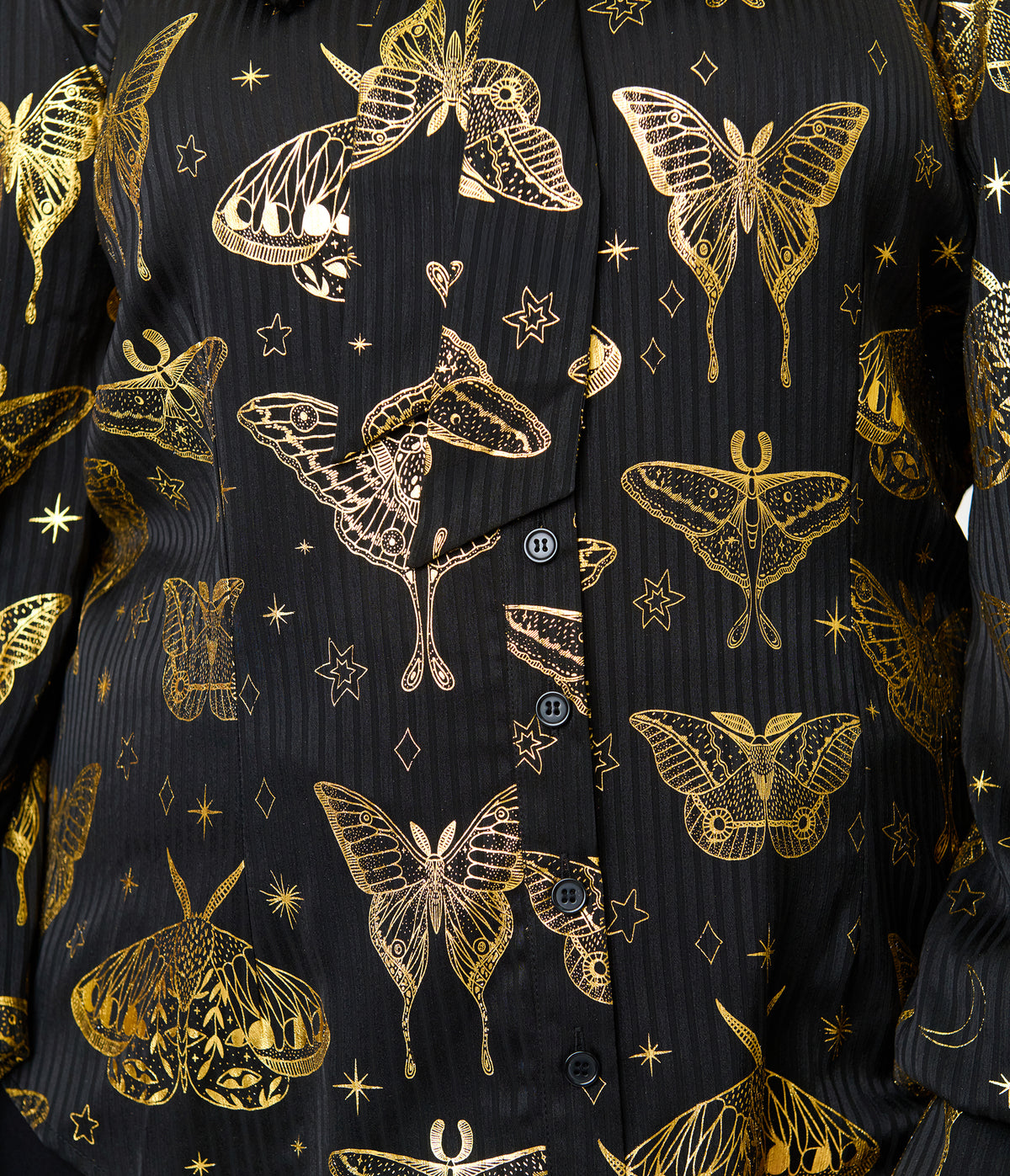 Unique Vintage Plus Size Black & Gold Moth Neck Tie Gwen Blouse