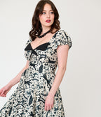 Unique Vintage Ivory & Black Mystical Cat Print Swing Dress