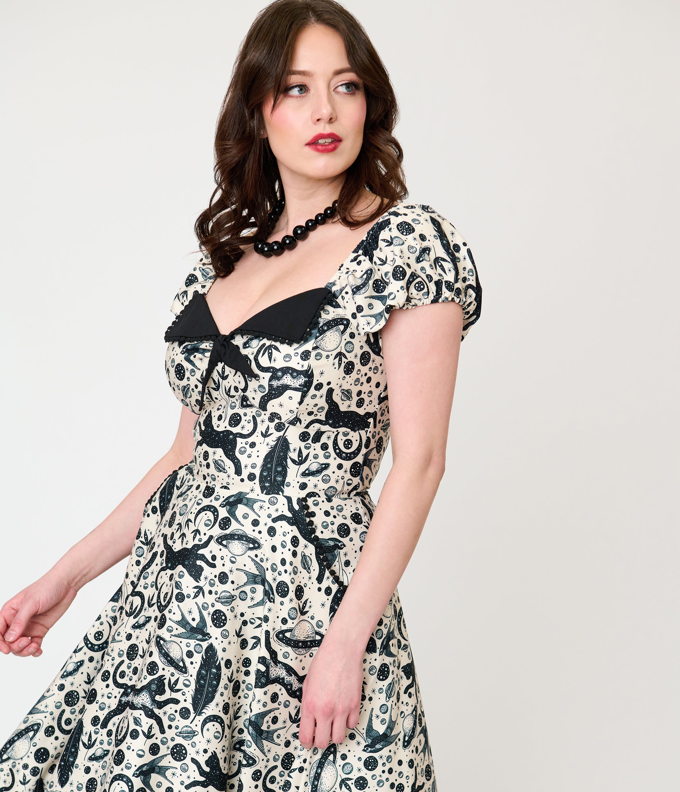 Unique Vintage Ivory & Black Mystical Cat Print Swing Dress
