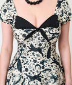 Unique Vintage Ivory & Black Mystical Cat Print Swing Dress