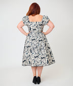 Unique Vintage Plus Size Ivory & Black Mystical Cat Print Swing Dress
