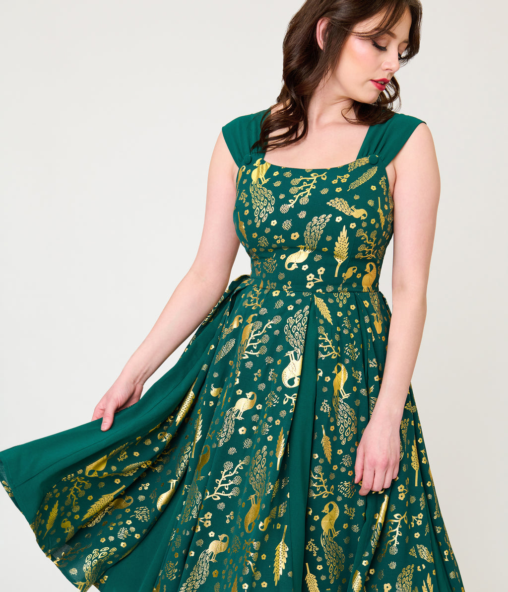 Unique Vintage Green & Gold Peacock Swing Dress